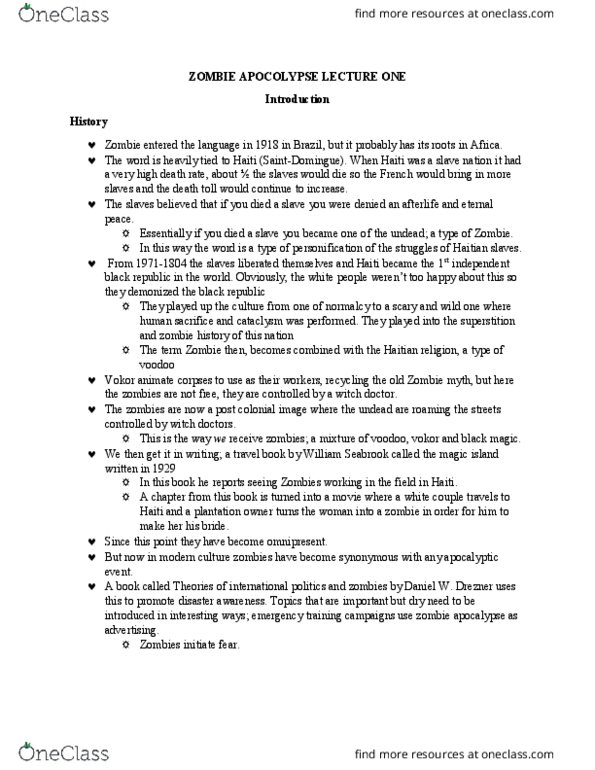History 2186A/B Lecture 1: Zombie Apocalypse Notes - entire course thumbnail