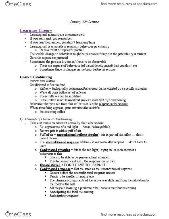 PSYC 2110 Lecture Notes - Lecture 1: Classical Conditioning, Observational Learning, Dont thumbnail