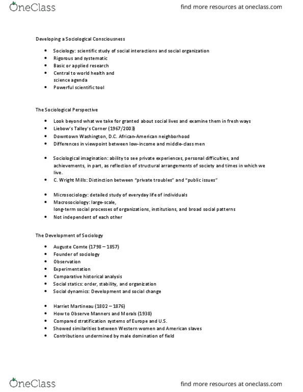 SO 1113 Lecture Notes - Lecture 1: Harriet Martineau, Auguste Comte, Social Statics thumbnail