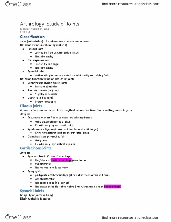 ANATOMY 2300.03 Lecture Notes - Lecture 3: Synovial Joint, Hyaline Cartilage, Synovial Fluid thumbnail