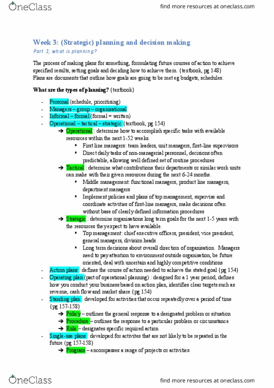 BBA102 Lecture Notes - Lecture 3: Strategic Management, Project Plan, Middle Management thumbnail