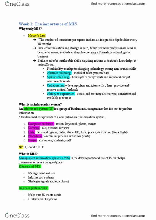 ISYS104 Lecture Notes - Lecture 1: Computer Hardware, Systems Theory, Information System thumbnail