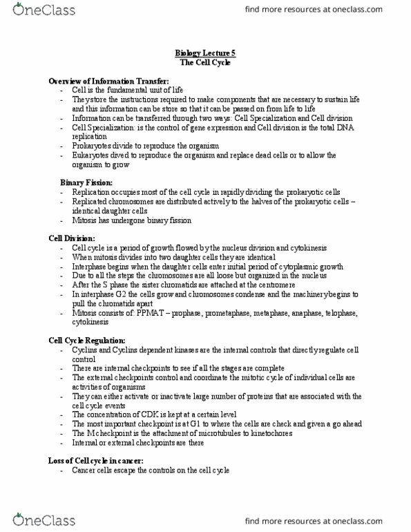 BIOL 1103 Lecture Notes - Lecture 5: Sister Chromatids, Dna Replication, Cell Division thumbnail