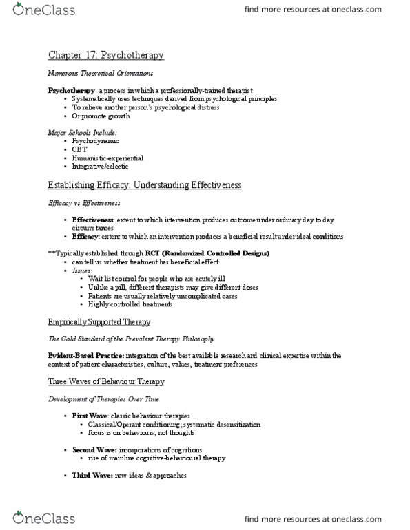 PSYC 100 Lecture Notes - Lecture 17: Systematic Desensitization, Cognitive Therapy, Wait List thumbnail