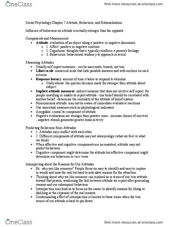 PSYC 215 Chapter Notes - Chapter 7: Likert Scale, Implicit Attitude, Cognitive Dissonance thumbnail