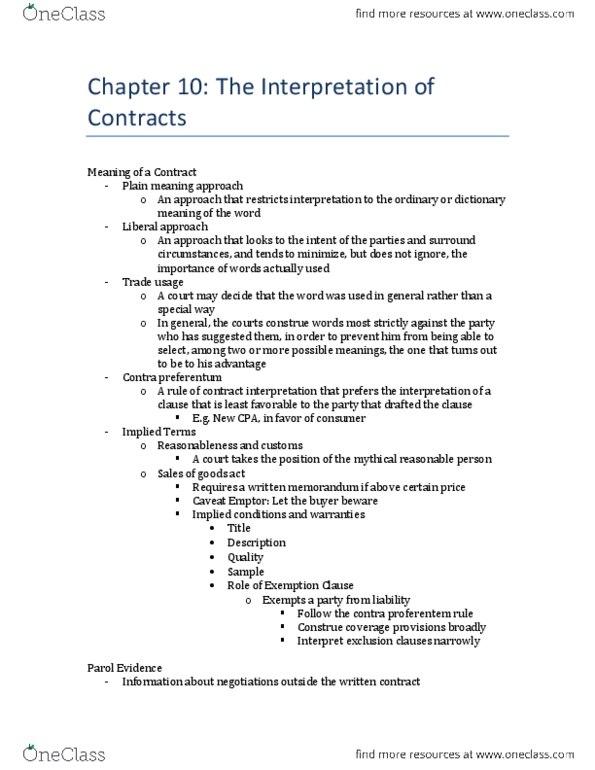 BU231 Chapter Notes - Chapter 10: Parol Evidence Rule, Contra Proferentem, Collateral Contract thumbnail