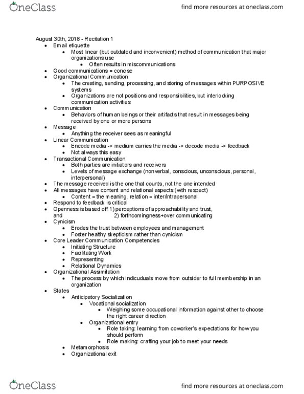 COM 240 Lecture Notes - Lecture 1: Organizational Communication, Turnitin thumbnail