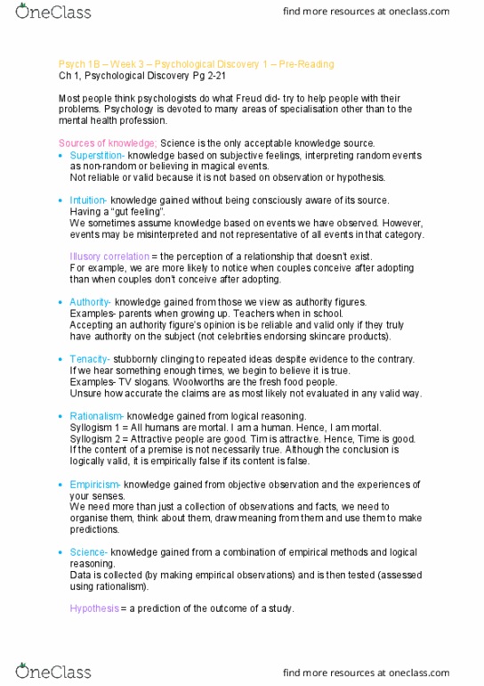 PSY1022 Chapter Notes - Chapter 1: Illusory Correlation, Validity, Outline Of Health Sciences thumbnail