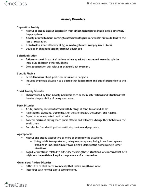 NURSING 2LA2 Lecture Notes - Lecture 9: Social Anxiety Disorder, Generalized Anxiety Disorder, Anxiety Disorder thumbnail