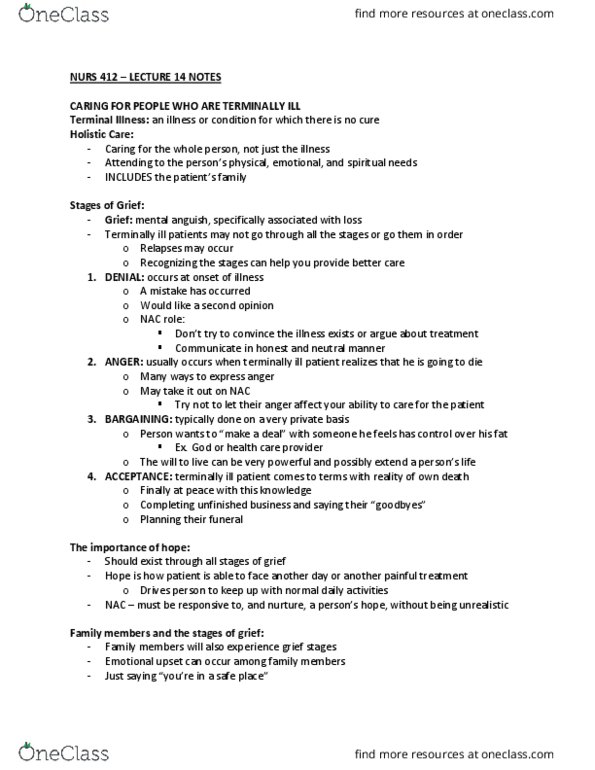 NURS 412 Lecture Notes - Lecture 14: Terminal Illness, Commode, Grief Counseling thumbnail