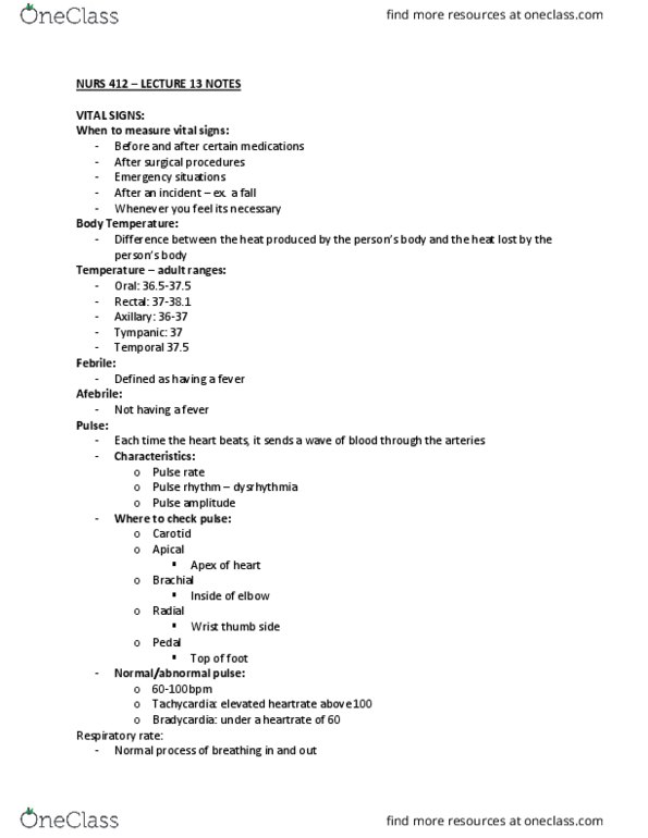 NURS 412 Lecture Notes - Lecture 13: Pulse, Human Body Temperature, Bradycardia thumbnail