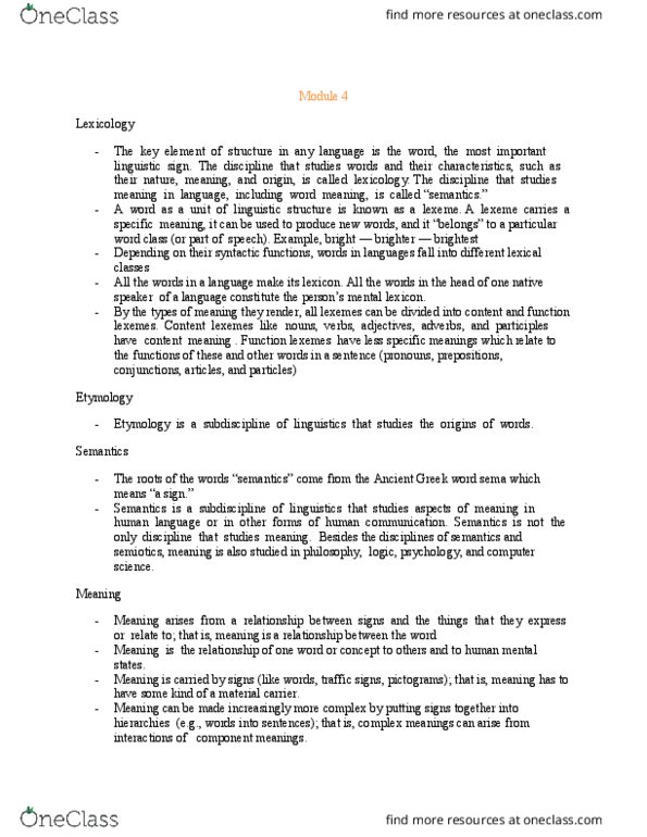 LING 111 Chapter Notes - Chapter 4: Lexeme, Lexicology, Grammar thumbnail