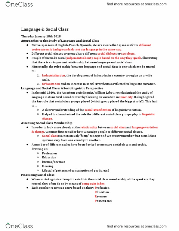 LIN 1340 Lecture Notes - Lecture 3: William Labov, Sociolinguistics, Social Stratification thumbnail