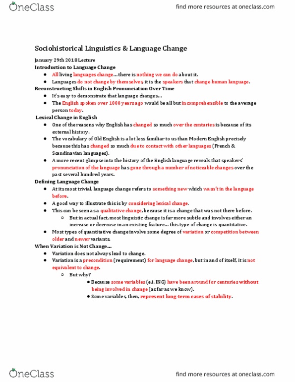 LIN 1340 Lecture Notes - Lecture 6: Language Change, North Germanic Languages thumbnail