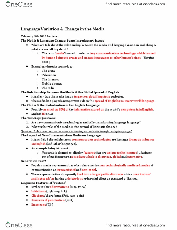 LIN 1340 Lecture Notes - Lecture 8: Internet Slang, Language Change, Media Play thumbnail