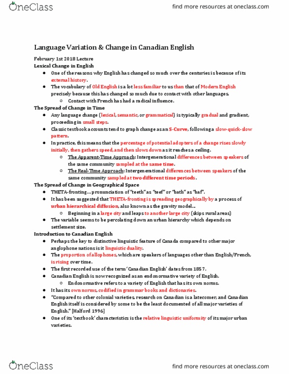 LIN 1340 Lecture Notes - Lecture 7: Language Change, Peterborough County, Canadian Raising thumbnail