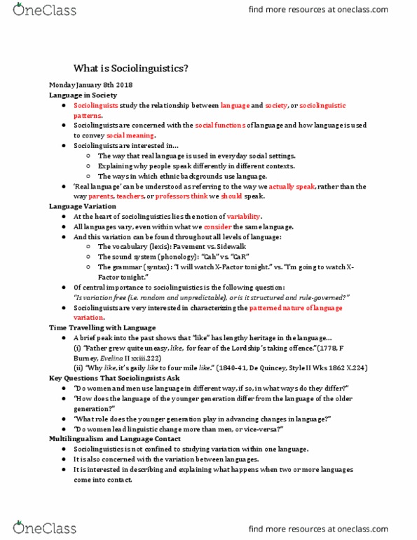 LIN 1340 Lecture Notes - Lecture 1: Sociolinguistics, Diaphoneme, Ethnolect thumbnail
