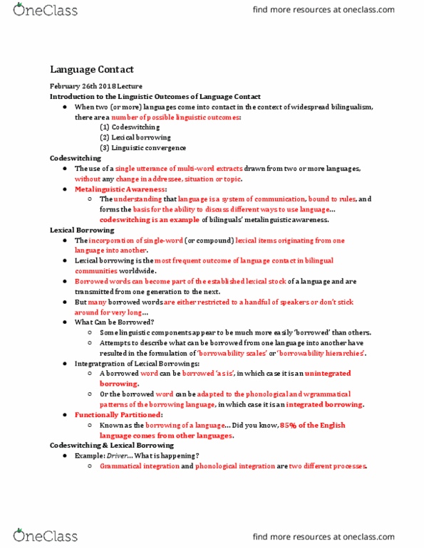 LIN 1340 Lecture Notes - Lecture 10: Loanword, Metalinguistic Awareness, Code-Switching thumbnail