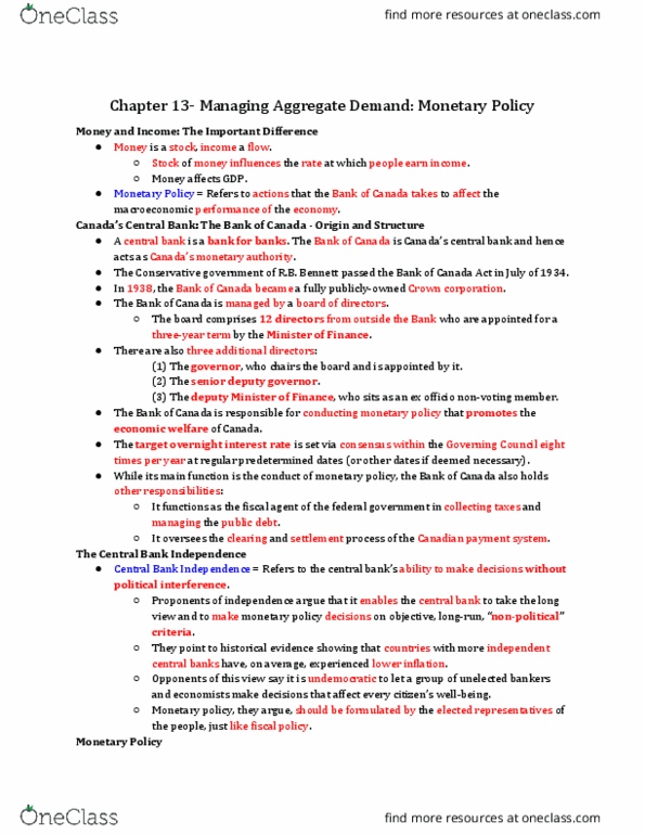 ECO 1304 Lecture Notes - Lecture 13: Monetary Policy, Overnight Rate, Canada Act 1982 thumbnail