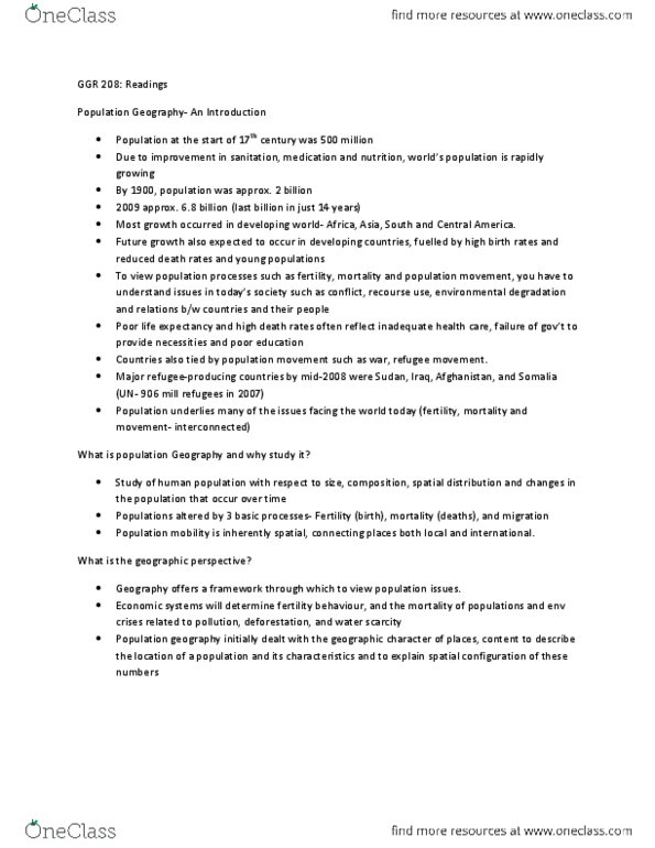 GGR208H5 Chapter Notes -Population Geography, Infant Mortality, Demographic Transition thumbnail