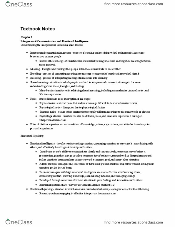 RWS 290 Chapter Notes - Chapter 2: Interpersonal Communication, Nonverbal Communication, Active Listening thumbnail