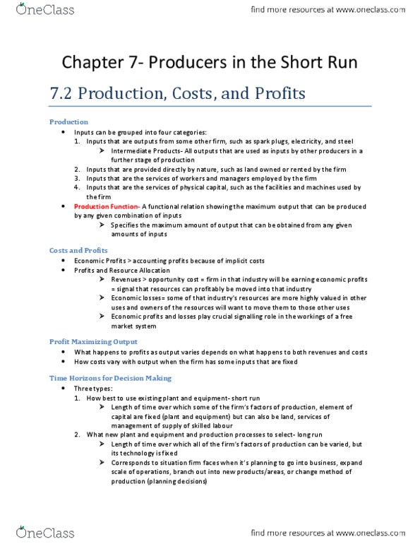 ECO100Y5 Chapter Notes - Chapter 7: Fixed Cost, Diminishing Returns, Marginal Cost thumbnail
