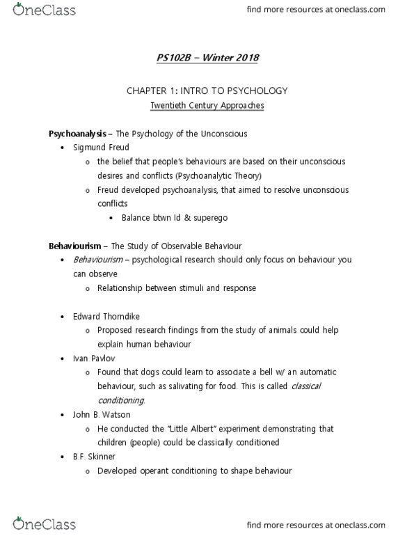 PS102 Chapter Notes - Chapter 1: Little Albert Experiment, Edward Thorndike, Sigmund Freud thumbnail