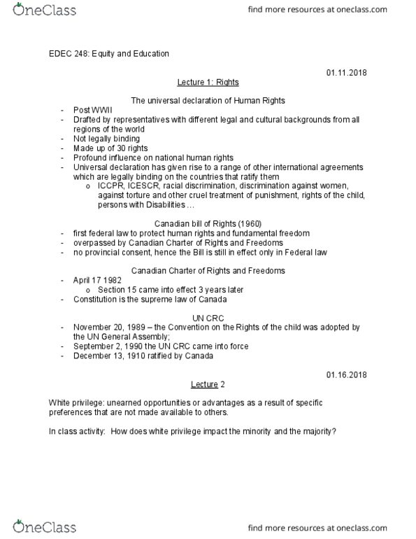 EDEC 248 Lecture Notes - Lecture 1: United Nations General Assembly, International Covenant On Civil And Political Rights, White Privilege thumbnail