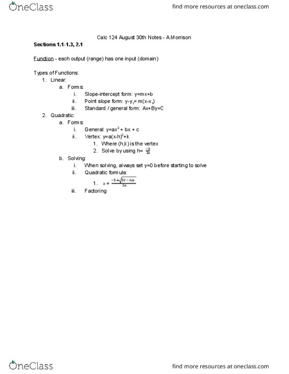 MTH 124 Lecture Notes - Lecture 1: Quadratic Formula thumbnail