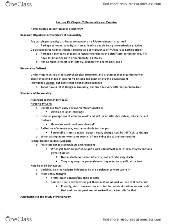 Kinesiology 2276F/G Lecture Notes - Lecture 12: List Of Portal Characters, Extraversion And Introversion, Limbic System thumbnail