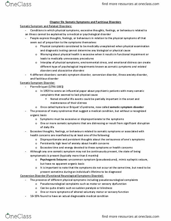 Psychology 2030A/B Chapter Notes - Chapter 5: Medically Unexplained Physical Symptoms, Factitious Disorder, Psychogenic Non-Epileptic Seizures thumbnail