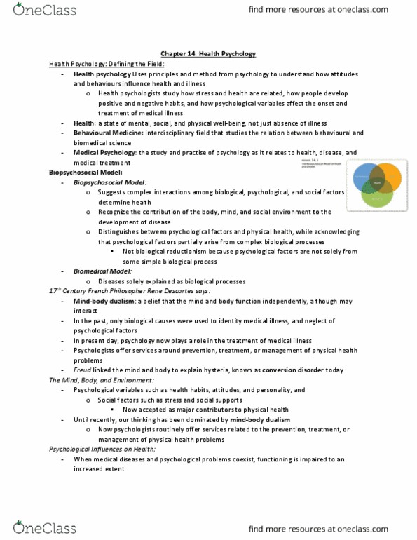 Psychology 2030A/B Chapter Notes - Chapter 14: Reductionism, Stress Management, The Hassles thumbnail