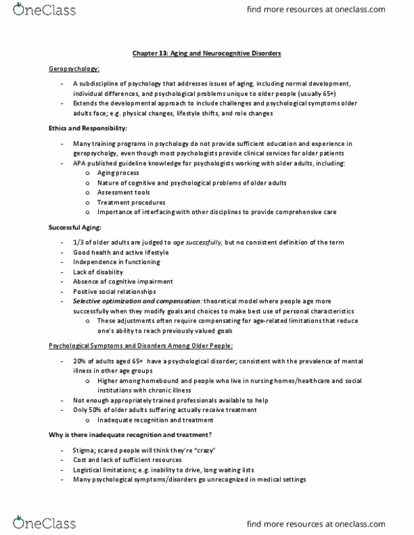 Psychology 2030A/B Chapter Notes - Chapter 13: Dsm-5, Mental Health Professional, Cerebrovascular Disease thumbnail