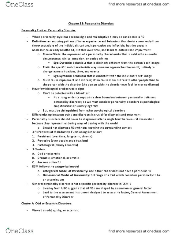 Psychology 2030A/B Chapter Notes - Chapter 11: Paranoid Personality Disorder, Schizotypal Personality Disorder, Antisocial Personality Disorder thumbnail