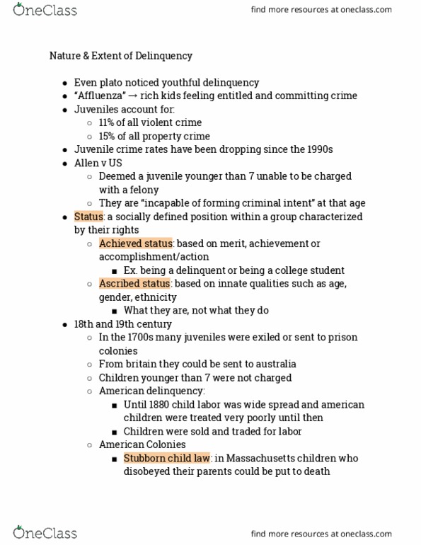 CJ ST 241 Chapter Notes - Chapter 1: Juvenile Delinquency, Ascribed Status, Achieved Status thumbnail