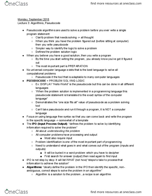 CS 1110 Lecture Notes - Lecture 3: Pseudocode, Computer Language, Computer Program thumbnail