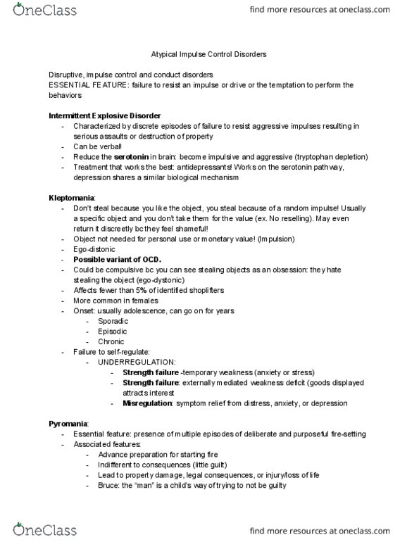 PSYC 188 Lecture Notes - Lecture 6: Intermittent Explosive Disorder, Fire-Setting, Egosyntonic And Egodystonic thumbnail