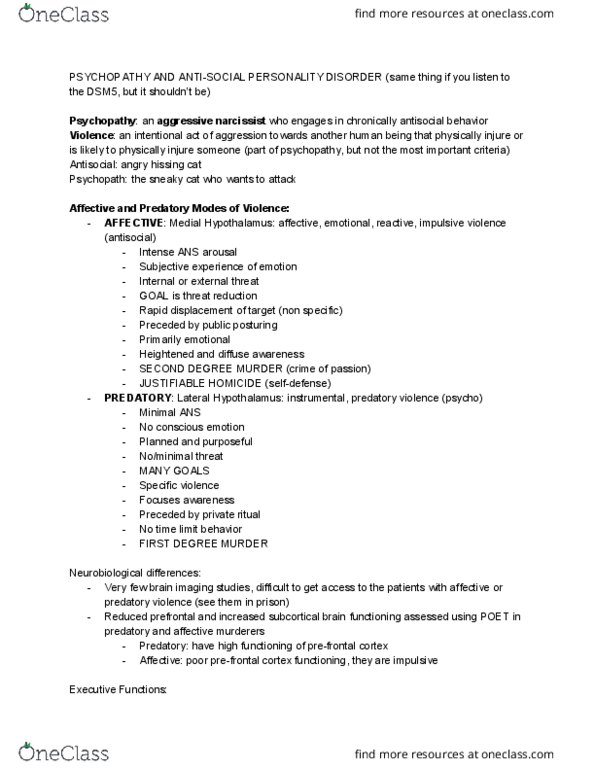 PSYC 188 Lecture Notes - Lecture 15: Psychopathy, Dsm-5, Hypothalamus thumbnail