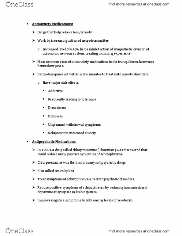 PSY 111 Lecture Notes - Lecture 83: Autonomic Nervous System, Chlorpromazine, Antipsychotic thumbnail