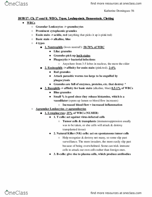 BIOL 115 Lecture Notes - Lecture 17: Natural Killer Cell, Eosin, Leukopoiesis thumbnail