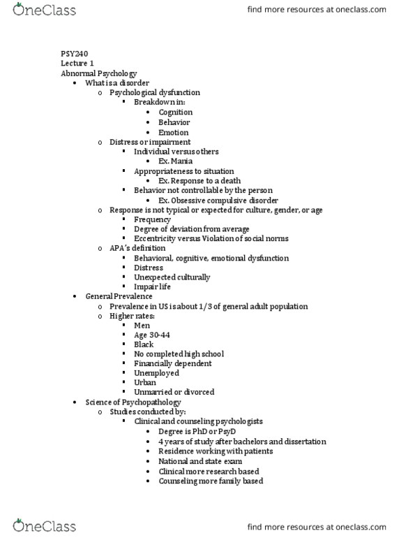 PSY 240 Lecture Notes - Lecture 1: Obsessive–Compulsive Disorder, Doctor Of Psychology, Psychopathology thumbnail