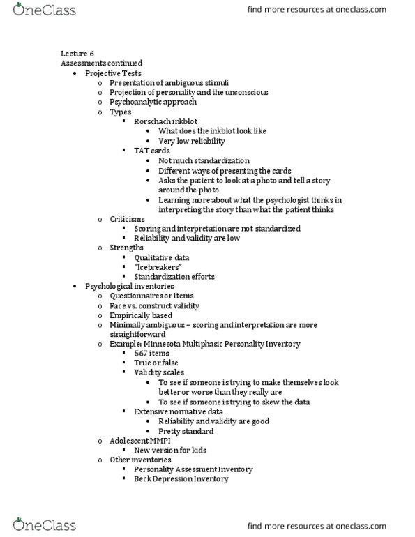 PSY 240 Lecture Notes - Lecture 6: Beck Depression Inventory, Delta Wave, Neuropsychological Test thumbnail