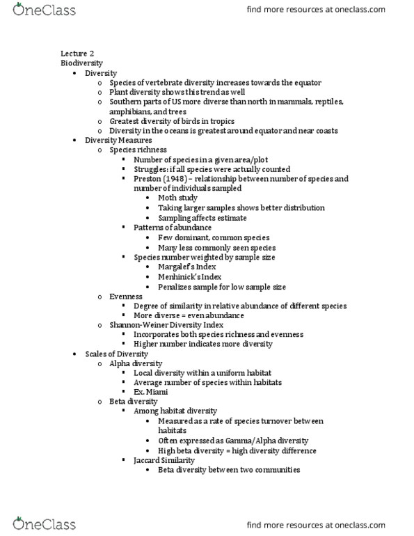 BIL 330 Lecture Notes - Lecture 2: Beta Diversity, Alpha Diversity, Gamma Diversity thumbnail