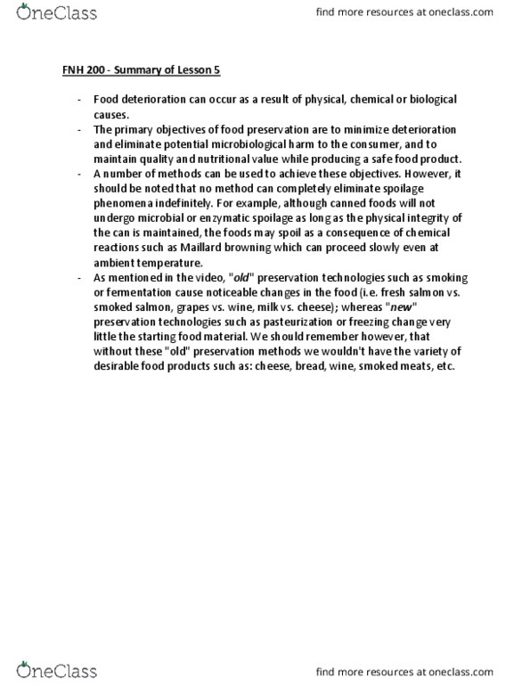 FNH 200 Lecture Notes - Lecture 5: Maillard Reaction, Food Preservation thumbnail