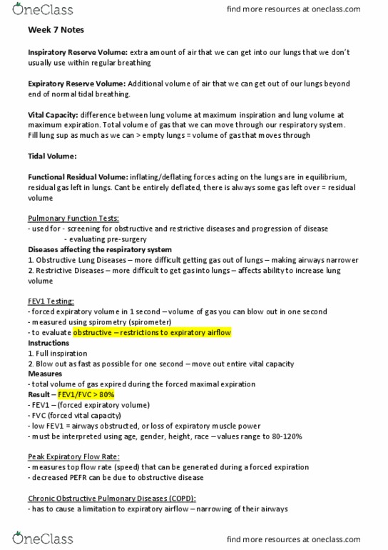 BIOS1170 Lecture Notes - Lecture 7: Lung Volumes, Vital Capacity, Spirometer thumbnail