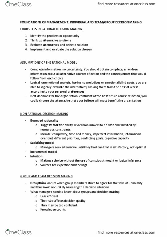 BBA102 Lecture Notes - Lecture 3: Bounded Rationality, Satisficing, Groupthink thumbnail