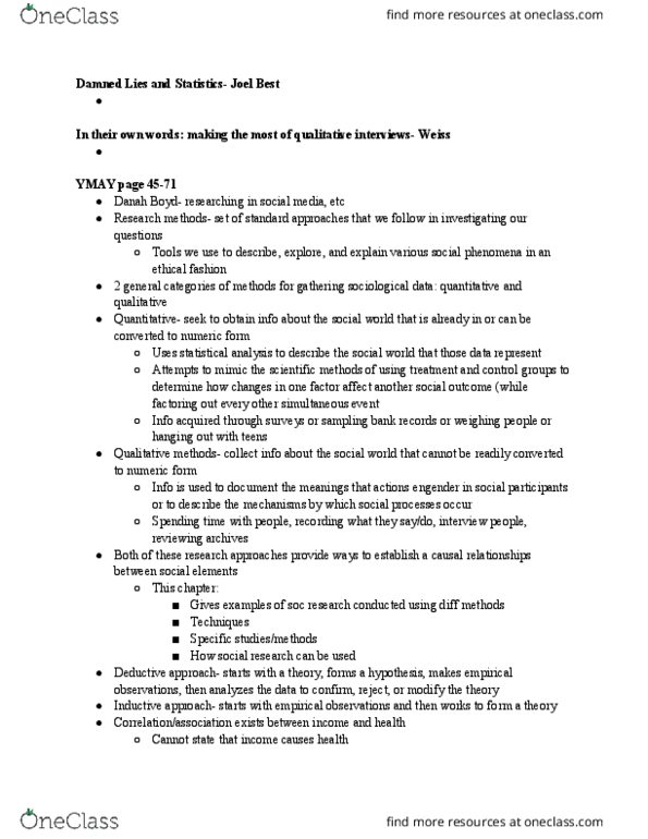 SOCI201 Lecture Notes - Lecture 3: Danah Boyd, Dependent And Independent Variables, Participant Observation thumbnail