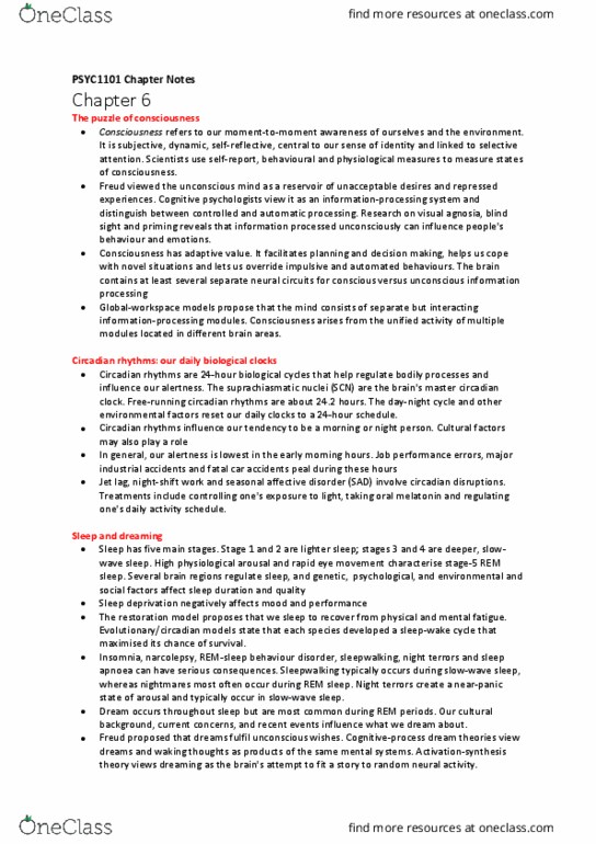 PSYC1101 Chapter Notes - Chapter 6: Slow-Wave Sleep, Circadian Clock, Circadian Rhythm thumbnail