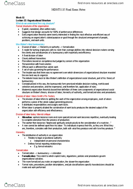 MGMT1135 Lecture Notes - Lecture 23: Hierarchical Organization, Complex Interdependence, Business Ethics thumbnail