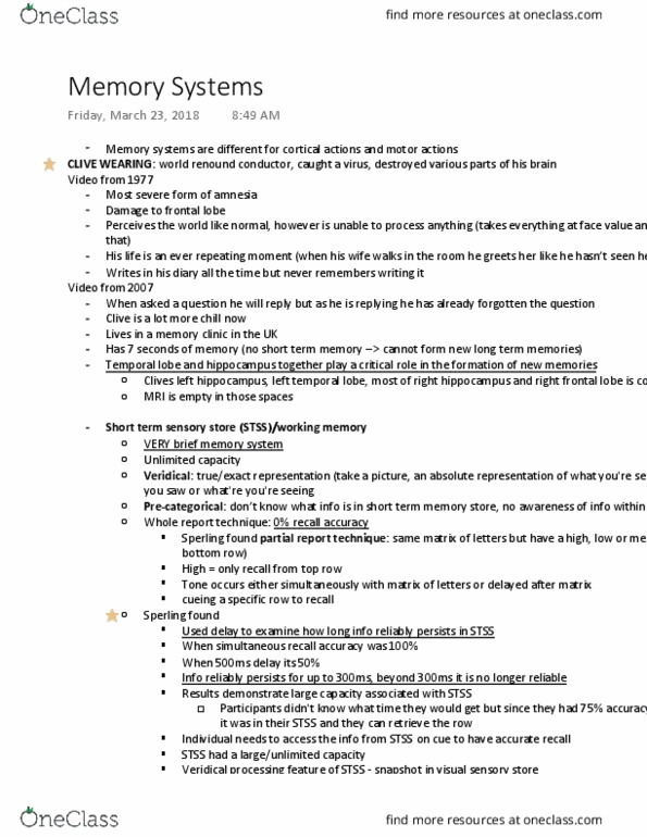 Kinesiology 1080A/B Lecture Notes - Lecture 8: Clive Wearing, Frontal Lobe, Temporal Lobe thumbnail